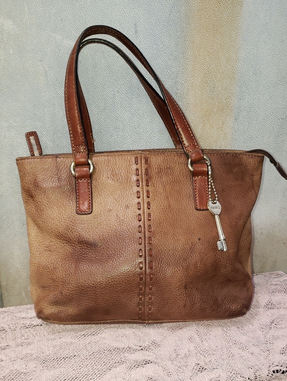VTG Fossil Brown Leather Satchel Bag Y2K Stitching ZB7013